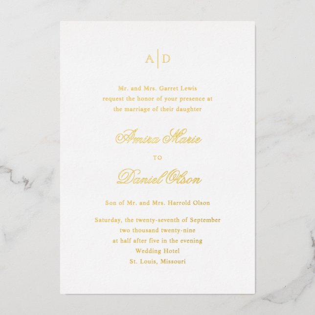 Invitation En Aluminium Mariage Classique Élégant (Recto)