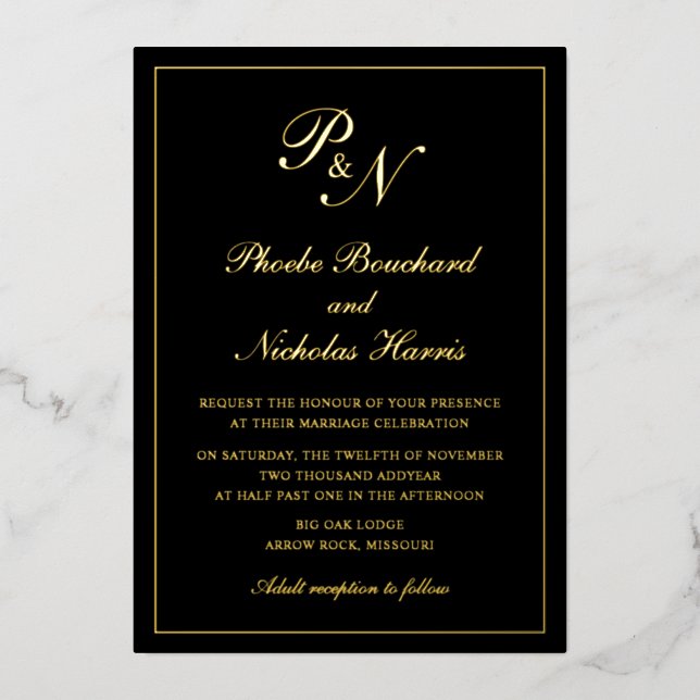 Invitation En Aluminium Mariage Classique Élégant Noir (Recto)