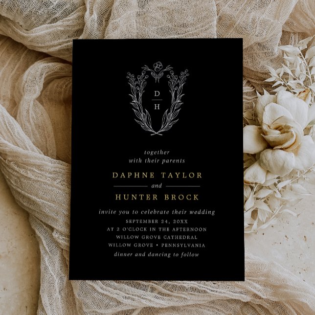 Invitation En Aluminium Mariage Classique Formel DAPHNE Noir Or Foncé (DAPHNE Dark Black Gold Foil Formal Classic Wedding Foil Invitation)