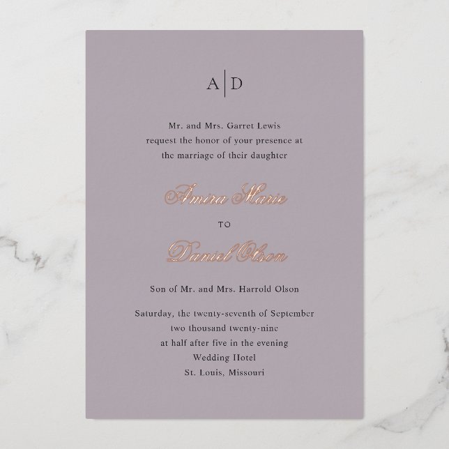 Invitation En Aluminium Mariage Classique Lilas Clair (Recto)