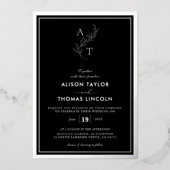 Invitation En Aluminium Mariage Classique Monogramme Noir et Argent (Recto)