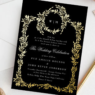 Invitation En Aluminium Mariage Classique Monogramme Or Crête Noir
