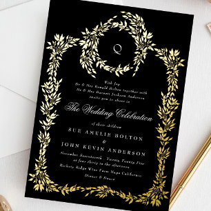Invitation En Aluminium Mariage Classique Monogramme Or Crête Noir