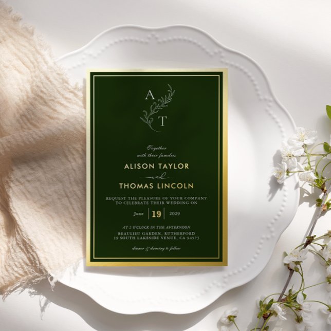 Invitation En Aluminium Mariage Classique Monogramme Or Vert Forêt Profond (Créateur téléchargé)