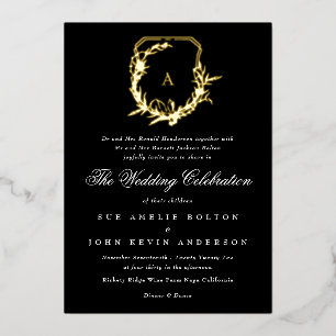 Invitation En Aluminium mariage classique noir blanc or monogramme blason