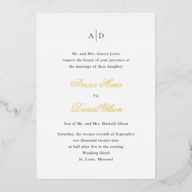 Invitation En Aluminium Mariage Classique Noir et Blanc (Recto)