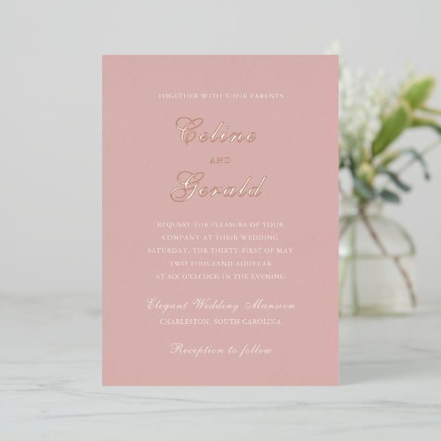 Invitation En Aluminium Mariage classique rose élégant (Debout devant)
