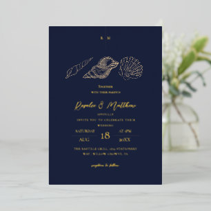 Invitation En Aluminium Mariage Coastal Bleu & Or Coquilles