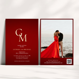 Invitation En Aluminium Mariage Code QR Photo Rouge Cramoisi Monogramme Or