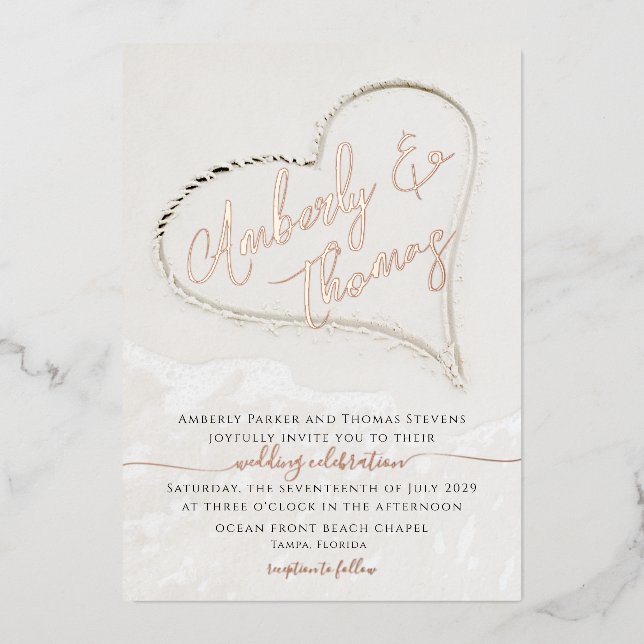Invitation En Aluminium Mariage Cœur de Plage dans le Sable (Recto)