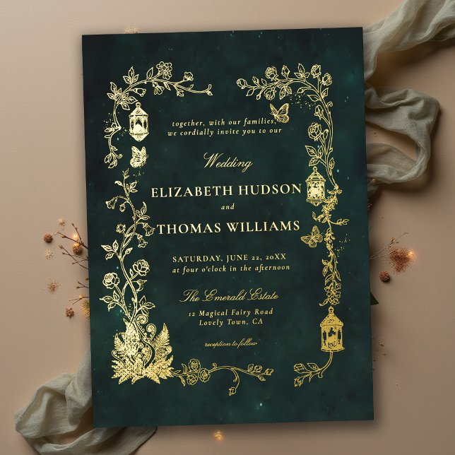 Invitation En Aluminium Mariage Contes de Fées Lanterne Verte Fée (fairycore wedding invitation woodland lanterns wild roses vines butterflies ferns emerald green gold)