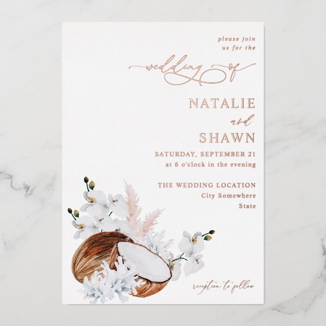 Invitation En Aluminium Mariage Corail de Coco et Fleurs Blanches (Recto)