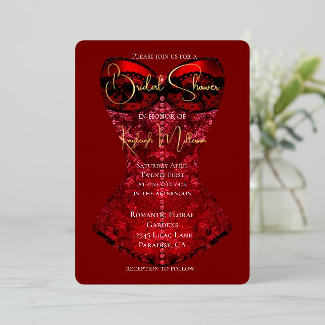 Invitation En Aluminium Mariage corset rouge noir (Debout devant)