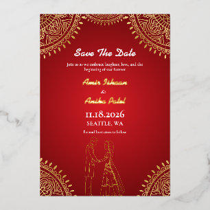 Invitation En Aluminium Mariage Couple Indien Rouge Or Save The Date