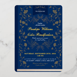 Invitation En Aluminium Mariage Couverture de Livre Floral Bleu et Or Vint