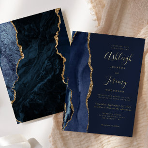 Invitation En Aluminium Mariage d'agate bleu de la Marine d'or moderne