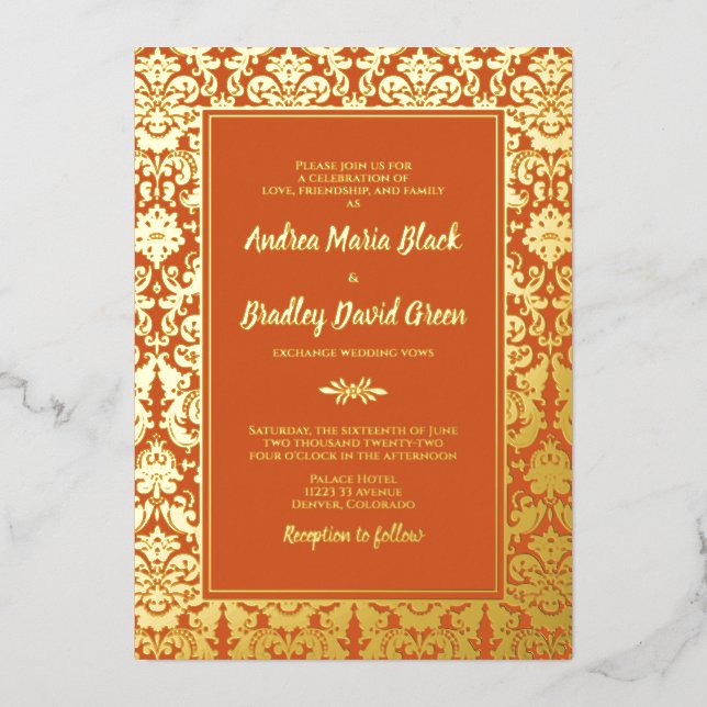 Invitation En Aluminium Mariage damassé Orange Real Gold Foil (Recto)