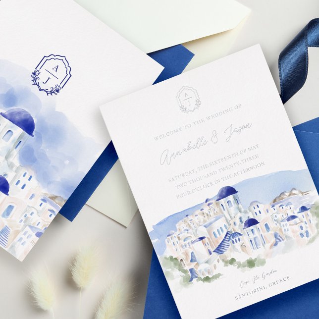 Invitation En Aluminium Mariage d'aquarelle de l'architecture de Santorin  (Santorini Greece Architecture Watercolor Wedding Foil Invitation)