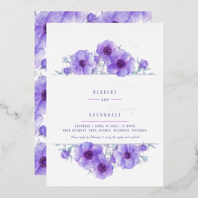 Invitation En Aluminium Mariage d'aquarelle fleurie d'anémone blanc violet (Recto/Verso)