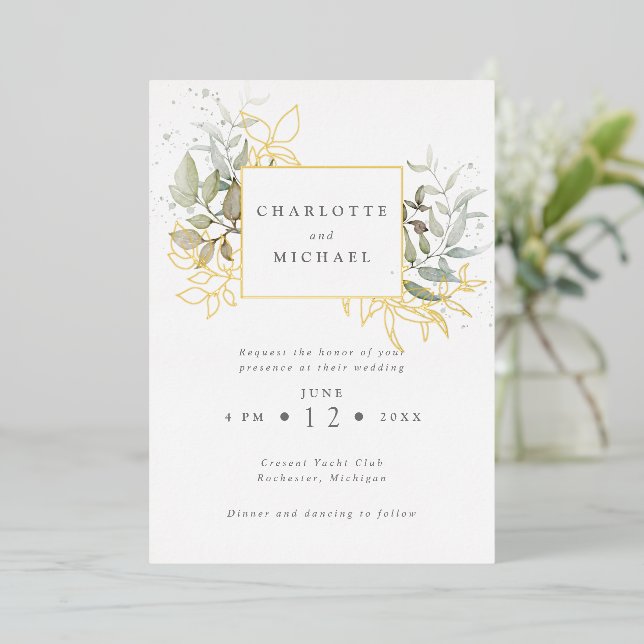 Invitation En Aluminium Mariage d'aquarelle or et vert (Debout devant)