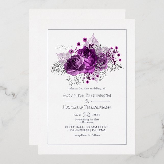 Invitation En Aluminium Mariage d'aquarelle prune et argent (Recto/Verso)