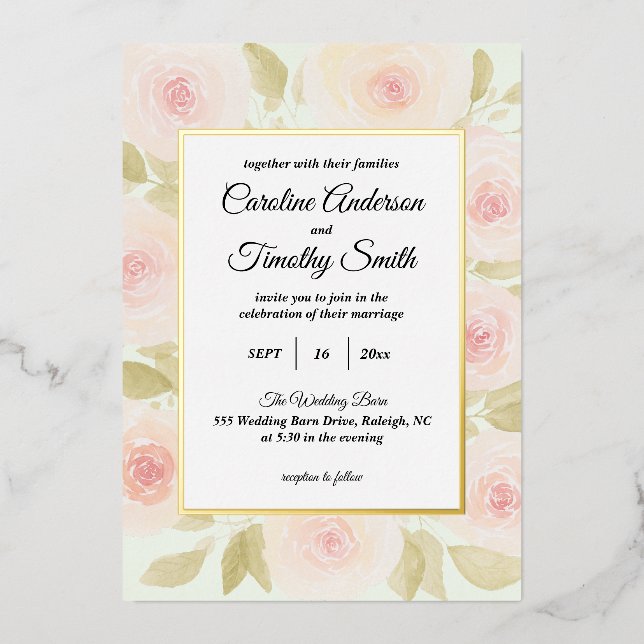 Invitation En Aluminium Mariage d'aquarelle rose et verte Chic Sage (Recto)