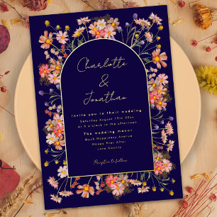 Invitation En Aluminium Mariage d'automne aux fleurs sauvages bleu marine 
