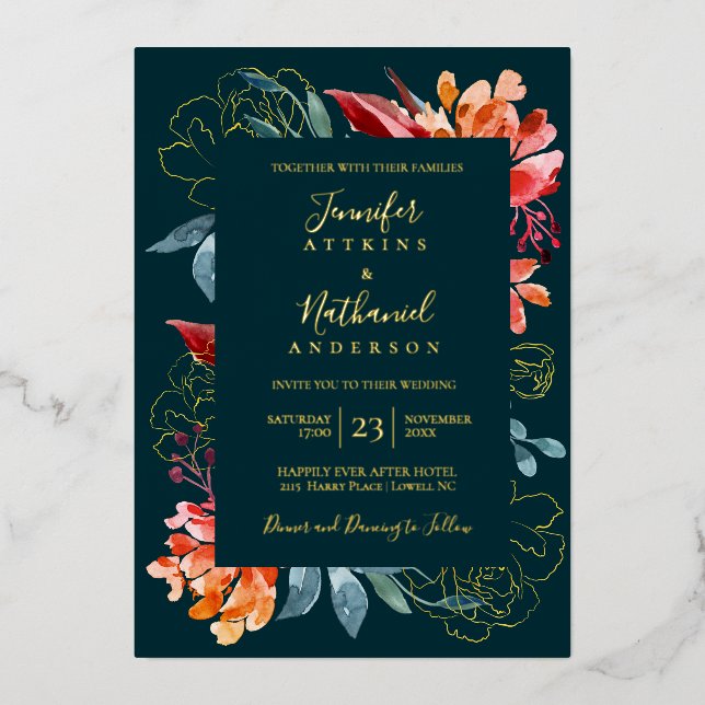 Invitation En Aluminium Mariage d'automne Deep Teal Rouille Orange  (Recto)