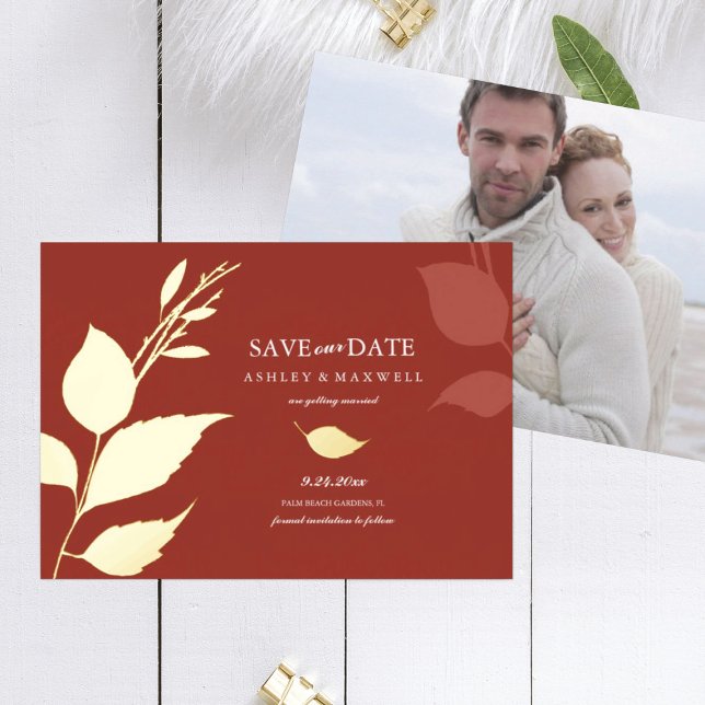 Invitation En Aluminium Mariage d'automne Enregistrer la date Feuilles ora (save the date orange wedding photo card)