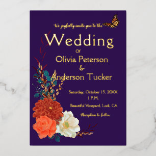 Invitation En Aluminium Mariage d'automne Monarch Floral Violet Or