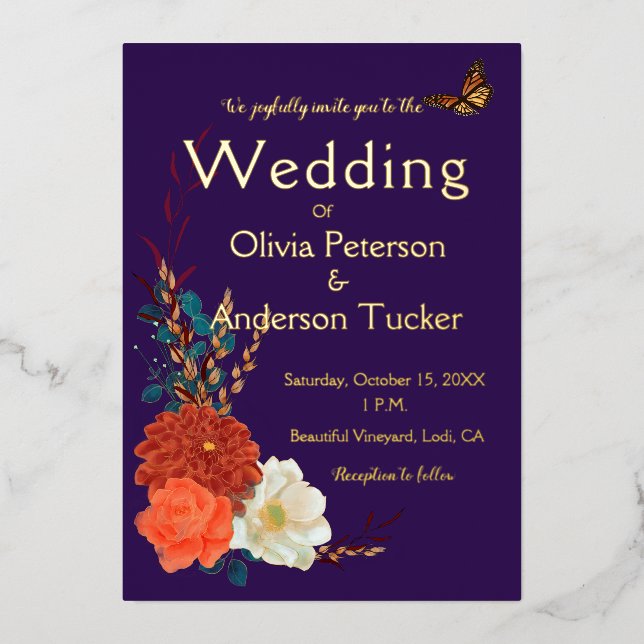 Invitation En Aluminium Mariage de automne Monarch Floral Purple Gold (Recto)