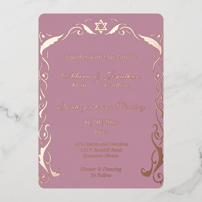 Invitation En Aluminium Mariage de cadre de Swirl juif (Recto)