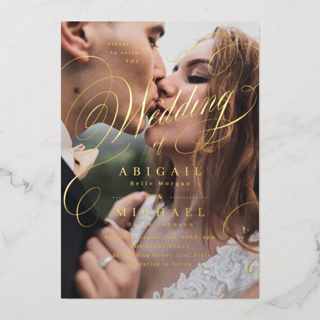 Invitation En Aluminium Mariage de calligraphie classique or (Recto)