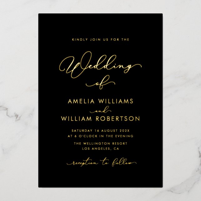 Invitation En Aluminium mariage de calligraphie de script noir et or (Recto)