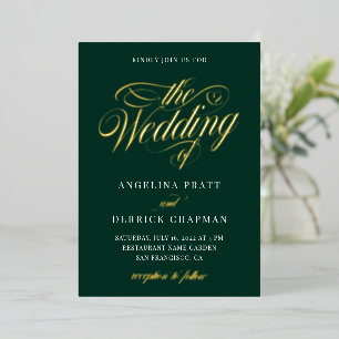 Invitation En Aluminium Mariage de calligraphie verte Emerald Gold Foil