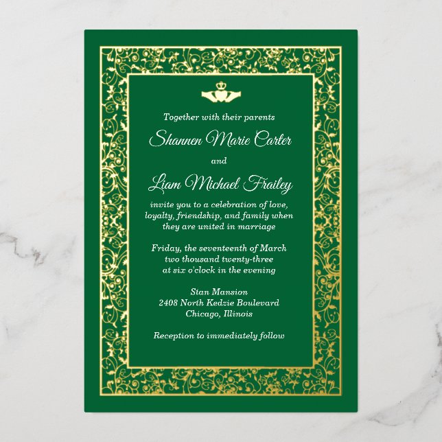 Invitation En Aluminium Mariage de Claddagh à Filigree Floral Gold Foil (Recto)
