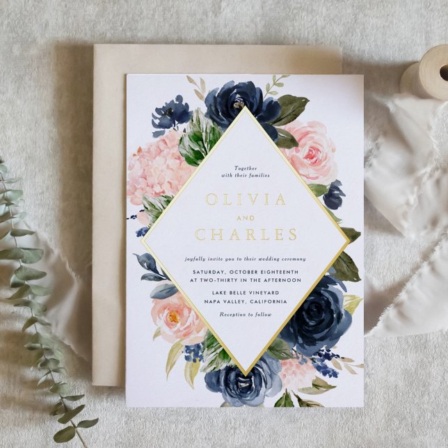 Invitation En Aluminium Mariage de code QR du cadre floral Blush et Navy (Watercolor Blush and Navy Blue Floral Frame Wedding Foil Invitation)