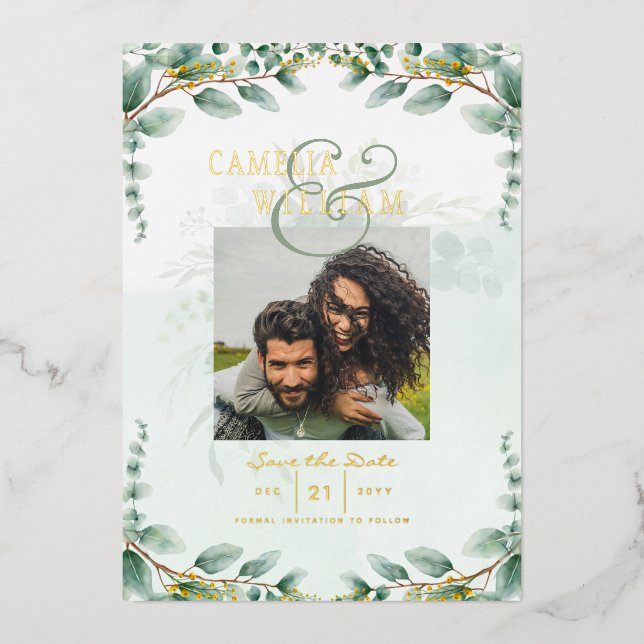 Invitation En Aluminium Mariage de CODE QR PHOTO Gold Foil Green Date de s (Recto)