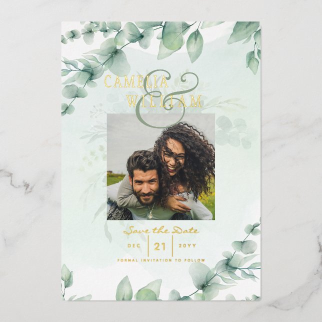 Invitation En Aluminium Mariage de CODE QR PHOTO Gold Foil Green Date de s (Recto)