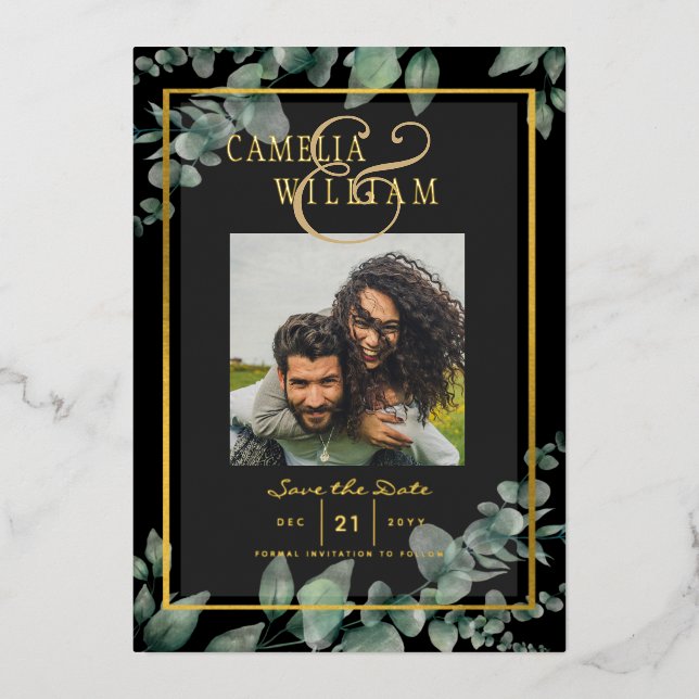 Invitation En Aluminium Mariage de CODE QR PHOTO Gold Foil Green Date de s (Recto)