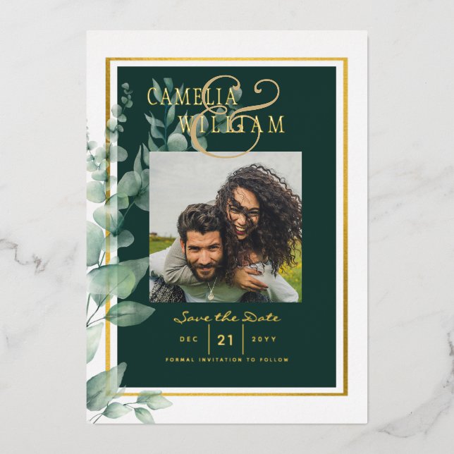 Invitation En Aluminium Mariage de CODE QR PHOTO Gold Foil Green Date de s (Recto)
