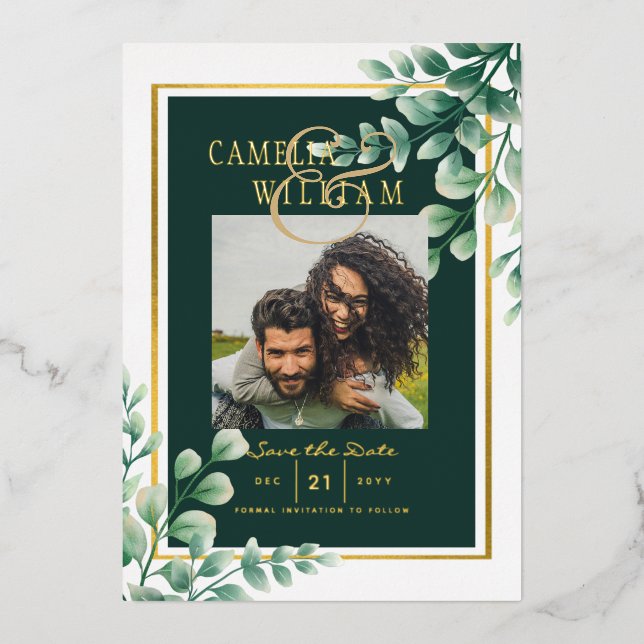 Invitation En Aluminium Mariage de CODE QR PHOTO Gold Foil Green Date de s (Recto)