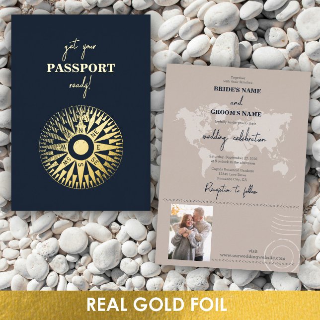 Invitation En Aluminium Mariage de Compass Mariage Véritable Gold (Real Gold Foil Wedding Passport Compass Wedding Foil Invitation)