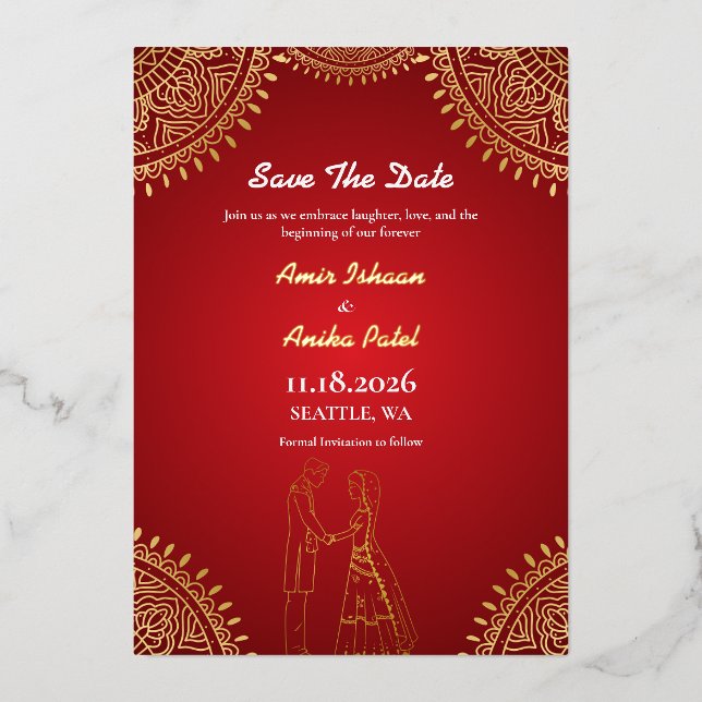 Invitation En Aluminium Mariage de couple indien Rouge or Sauvegarder la d (Recto)