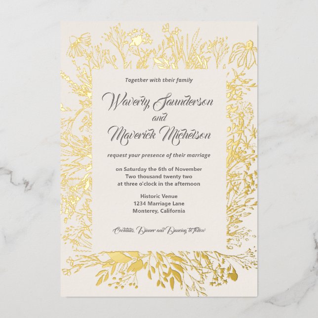 Invitation En Aluminium Mariage de crème verte Fleur sauvage Gold Foil (Recto)