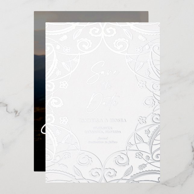 Invitation En Aluminium Mariage De Dentelle Argent Foil Photo Enregistrer  (Recto/Verso)