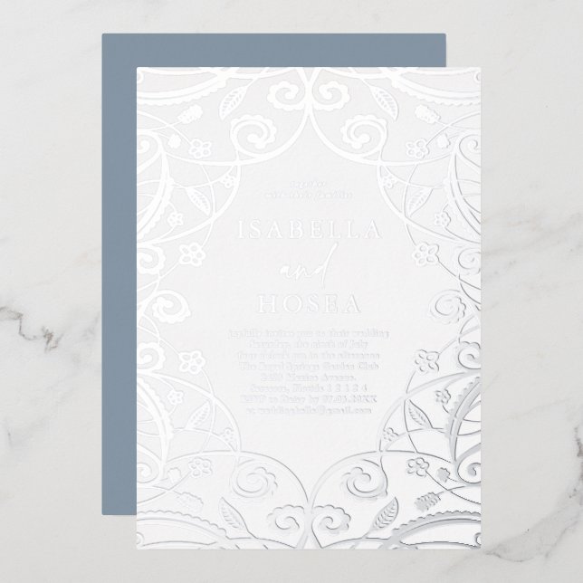 Invitation En Aluminium Mariage de dentelle florale bleu foncé (Recto/Verso)