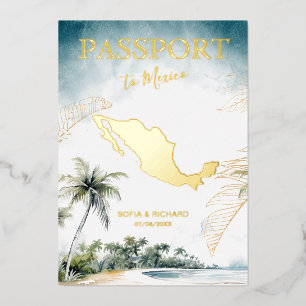 Invitation En Aluminium Mariage de destination au Mexique Passeport Or
