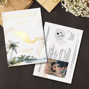Invitation En Aluminium Mariage de destination au Mexique Passeport Or