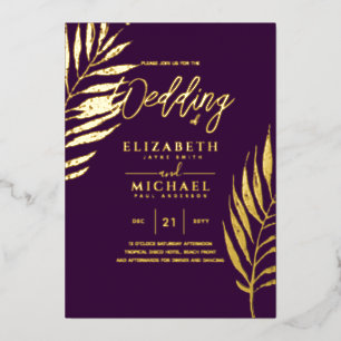 Invitation En Aluminium Mariage de destination de feuille tropicale d'or p